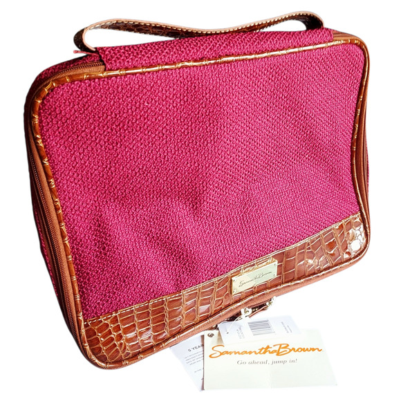 NEW Samantha Brown Croc Trim Burgundy Cosmetics Makeup Jewelry Travel System Bag - Picture 1 of 8